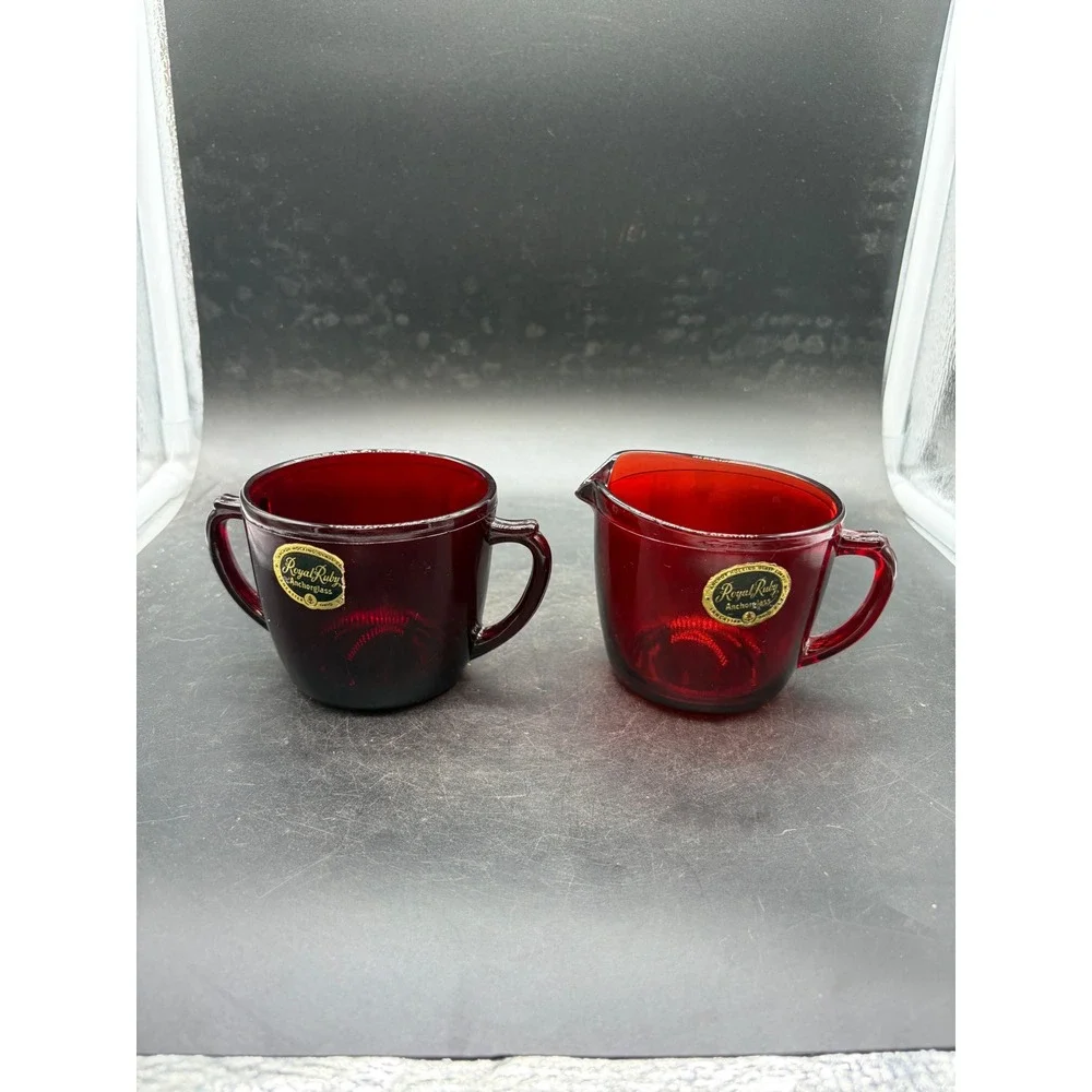 Anchor Hocking Royal Ruby Anchorglass Creamer and Sugar Bowl Set Vintage Red